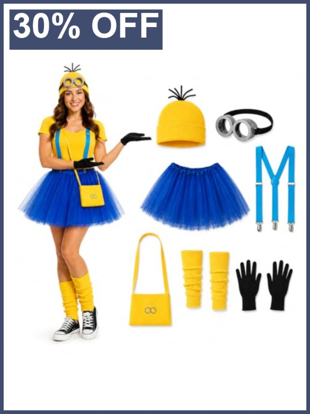 Adult Halloween Costume Set Beanie Goggles Tutu Suspenders Bag Leg Warmers